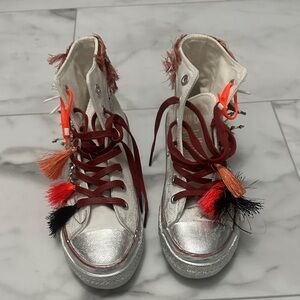 Stylish Women's High-Top Sneakers - Silver and Red